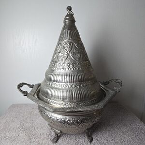 Vintage Large 1960s Moroccan Silver Plated Serving Dish With Pyramid Cover